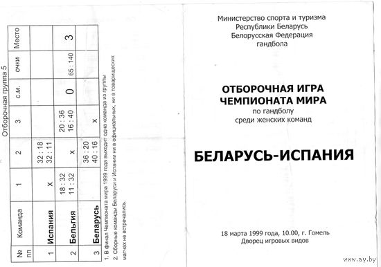 Гандбол. Беларусь - Испания.Программа отборочная игра ЧМ женщины.Гомель.1999.
