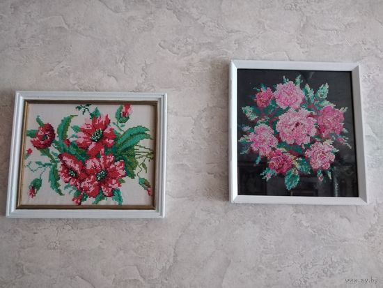 Вышивка старинная, в рамке, 30х25см. 3 шт.