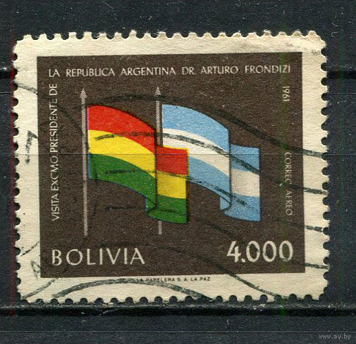Боливия - 1961 - Визит президента Аргентины. Флаги 4000В - [Mi.655] - 1 марка. Гашеная.  (Лот 23HO)-T2P14