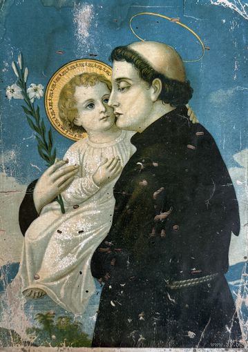 Старинная литография Святой Антоний Падуанский с младенцем