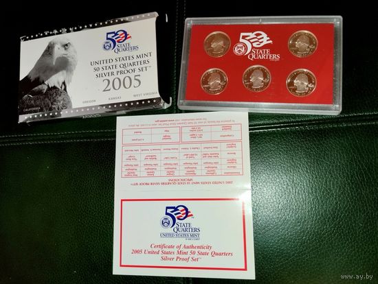 США 2005 Набор серебряных квотеров Silver Proof Set Сертификат оригинальная упаковка серебро .900 проба