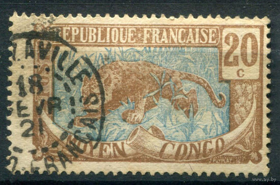 Французские колонии - Среднее Конго - 1907г. - леопард, 20 с - 1 марка - гашёная [Mi 7]. #4-W1-129-A-1