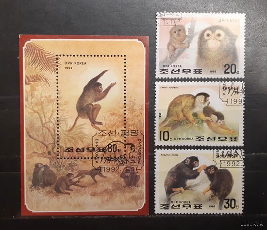 Корея. 1992 год. Фауна. Обезьяны. Блок и 3 марки (866)