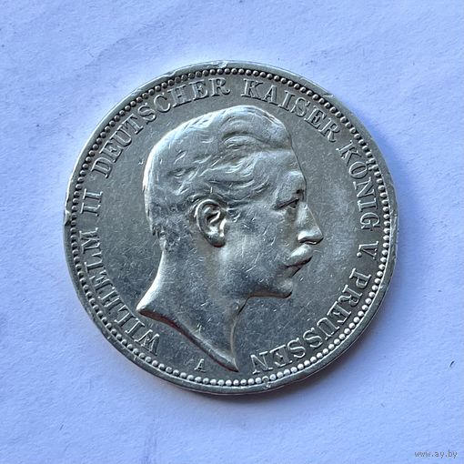 Монета СЕРЕБРО ПРУССИЯ 3 марки 1909 год ОТЛИЧНЫЕ