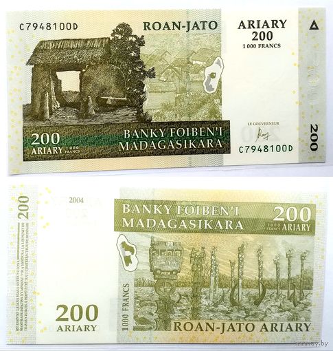 Мадагаскар 200 ариари 2004г UNC в холдере