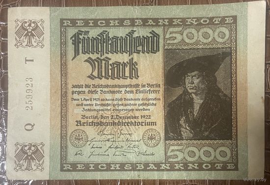 Банкнота 5000 марок 1922 год. Веймарская республика.
