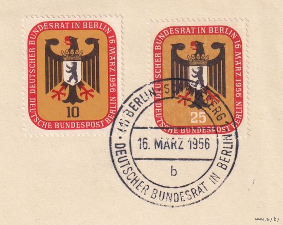 23.ETB. Германия. Западный Берлин. 1956 г. Федеральный совет Германии в Берлине. Лист первого дня гашения. (10000 экз.). Mi.#136/137/ETB(3).