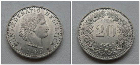 20 рапен Швейцария 1989 год, KM# 29a, 20 RAPPEN, из коллекции