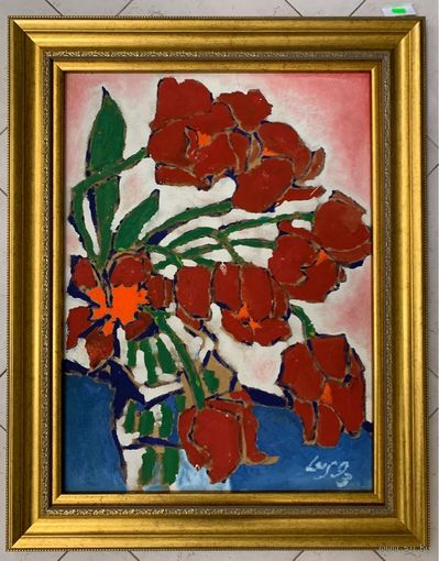 Луцевич З.О "Красные тюльпаны", ДВП, масло, 1993г. Размер 60х80 см.