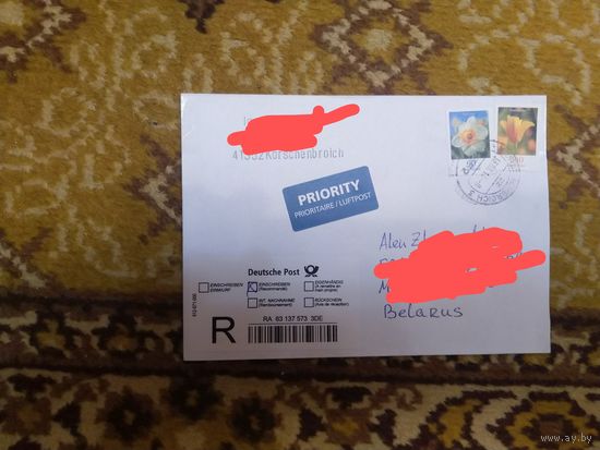 Германия - Беларусь письмо с таможенной декларацией и квитком о не вручении высокономинальная марка флора цветы