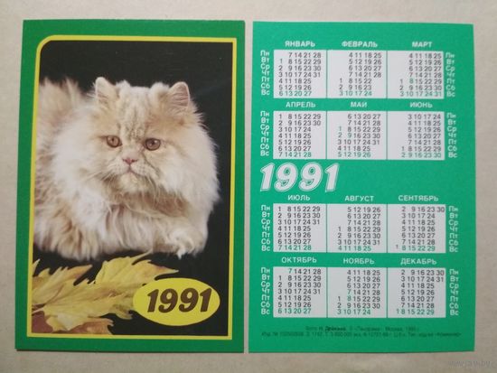 Карманный календарик. Котик. 1991 год