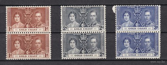 133.BrKS. Великобритания. Колонии.  Золотой Берег. Коронация Георга VI и Елизаветы. 1937 г. Полная серия. Пары. Mi.##102-104. MNH.