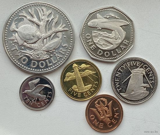 Барбадос 1, 5, 10, 25 центов, 1, 2 доллара 1973 - 1974 гг. Набор из банковской упаковки 6 шт.