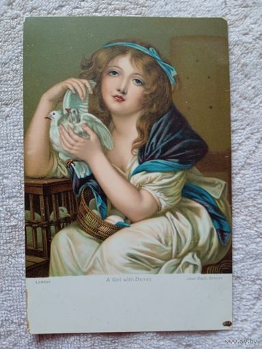 Старинная открытка. Грёз. Девушка с голубями. Издательство Штенгель
