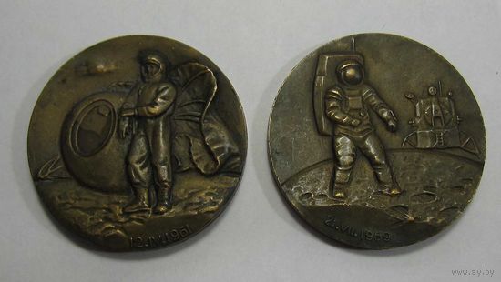 2 Настольная бронзовая медаль Гагарин Армстронг космос