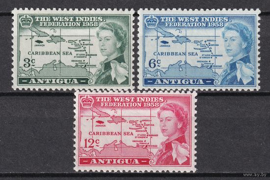 37.BrKS. Великобритания. Колонии. Антигуа. Создание Британской Вест- Индийской федерации.  1958 г. Полная серия. MNH. Mi.##116-118.