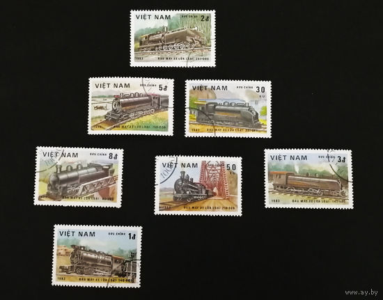 Вьетнам 1983 г. Паровозы. Железная дорога. Локомотивы. Поезда, полная серия из 7 марок #0097-Т1P20