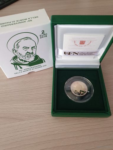 Ватикан 2 евро 2018 PROOF юбилейная 50 лет со дня смерти падре Пио