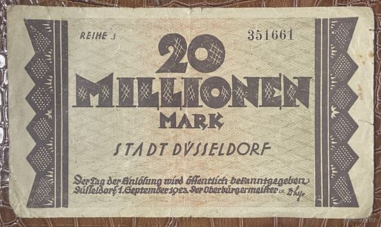 Банкнота 20 миллионов марок 1923 год. Дюссердольф. Веймарская республика.