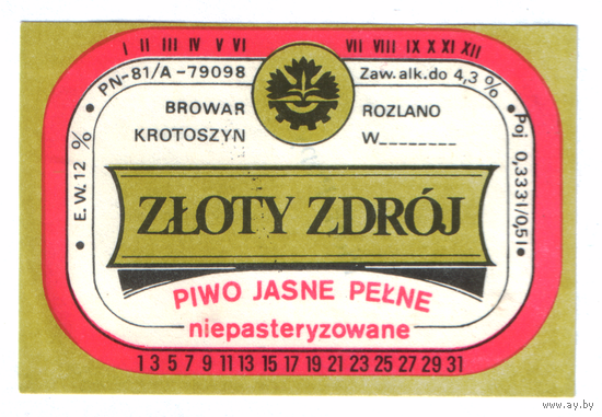 Этикетка пива Zloty Zdroj Польша П745