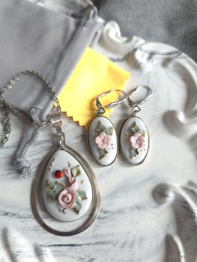 Набор, сет кулон и серьги фарфор, винтаж, СССР, мельхиор. Кисловодск