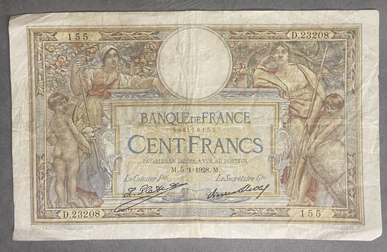 Банкнота 100 франков 1928 год. Франция