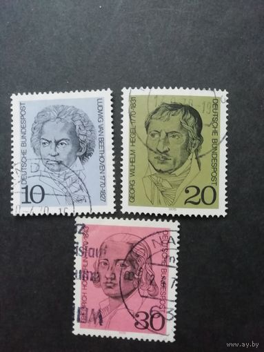ФРГ 1970 Серия из трех марок "200 лет со дня рождения выдающихся личностей: Бетховена, Хегеля, Хельдерлина" (гашеные без клея) Мi.616-618 каталог 0.80 евро