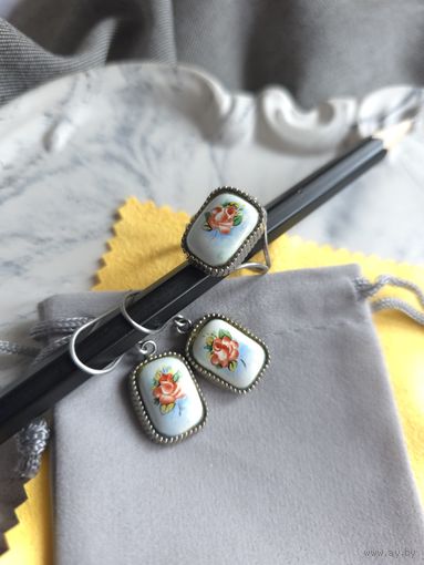 Набор, сет кольцо и серьги финифть, винтаж, СССР, мельхиор