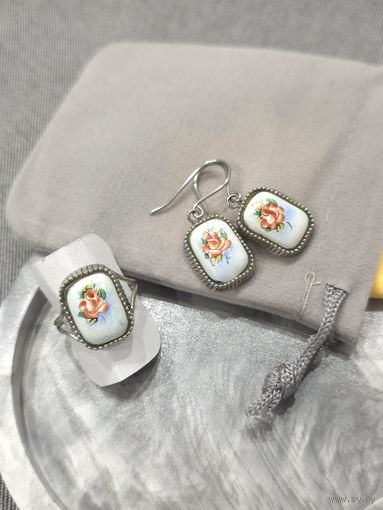 Набор, сет кольцо и серьги финифть, винтаж, СССР, мельхиор