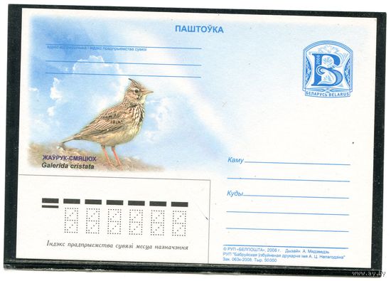 Беларусь 2008. ПК. Фауна. Хохластый жаворонок