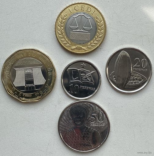 Гана 10, 20, 50 песева, 1, 2 седи 2016 - 2022 гг. Набор 5 монет