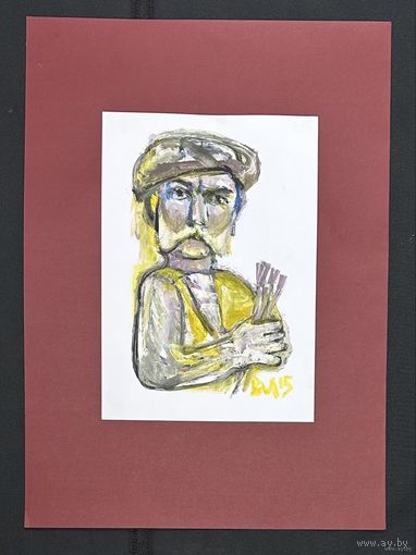 Акулов В.И "Автопортрет с кистями", 2015г. Бумага, акрил. Размер с паспарту 50х70 см.