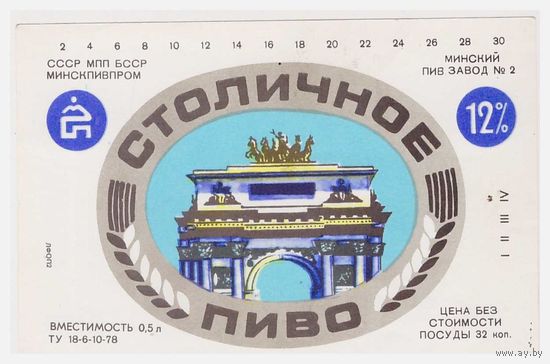 Пивная этикетка Столичное БССР Минск