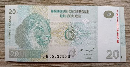 Werty71 Конго 20 франков 2003 UNC Банкнота Лев прайд