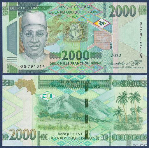 Гвинея, 2000 франков 2022 г, P-W48A (GG, мужчина, горы), UNC