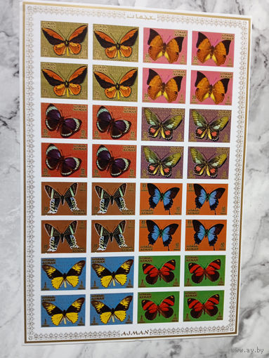 Фауна. Бабочки. Аджман (ОАЭ). 1971. 1 малый лист б/з. Michel N 1124-1143 (30,0 е)