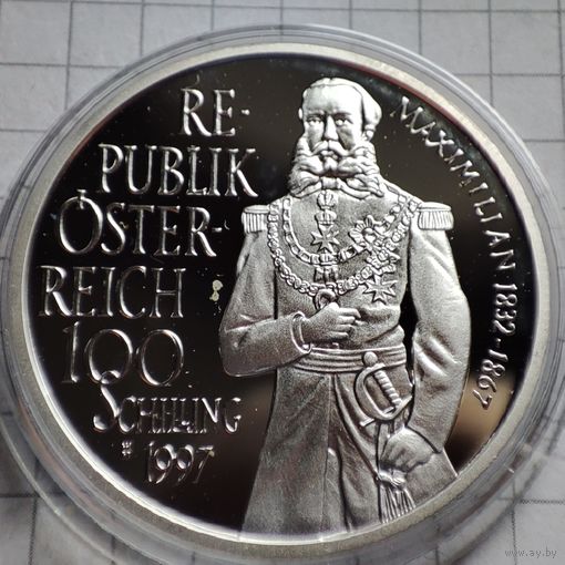 100 шилингов Австрия 1997 год. Максимилиан 1 император Месики .Серебро.900 пр.
