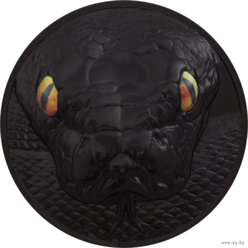 RARE Палау 10 долларов 2022г. "Охотники ночью - Питон". Obsidian Black. Монета в капсуле; подарочной рамке - футляре; сертификат; коробка. СЕРЕБРО 62,20гр.(2 oz).