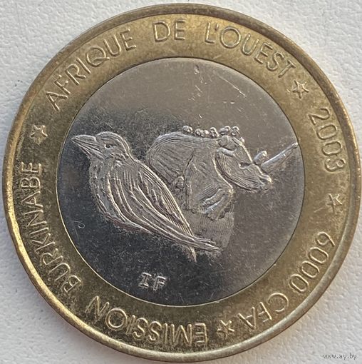 Буркина-Фасо 6000 франков (4 африка) 2003 г. Носорог и Желтоклювый буйволовый скворец