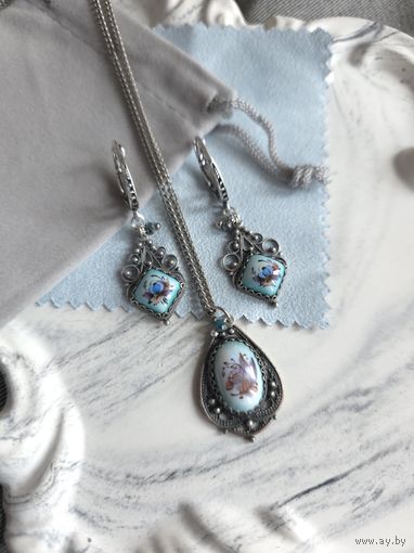 Серьги и кулон ажурная скань, финифть, винтаж, СССР, мельхиор