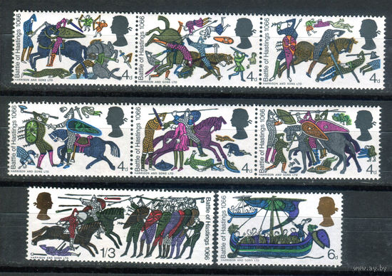Великобритания - 1966г. - 900 лет битве при Гастингсе - 8 марок - полная серия, MNH, сцепки со сгибами по перфорации [Mi 434-441]. #3-GB-Z-1-17