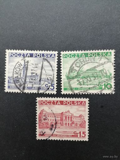 Польша 1937 Неполная серия марок "Различные достопримечательности" (гашение без клея с наклейками) Mi.315-317 каталог 0.70 евро