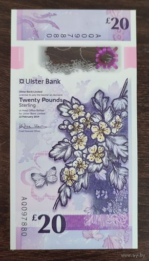 Северная Ирландия 20 фунтов 2019 года  P-345a Ulster Bank полимер UNC