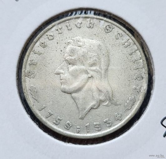 175 лет со дня рождения Фридриха Шиллера 2 рейхсмарки 1934 Третий рейх. F Штутгарт. Серебро! ВОЗМОЖЕН ОБМЕН!