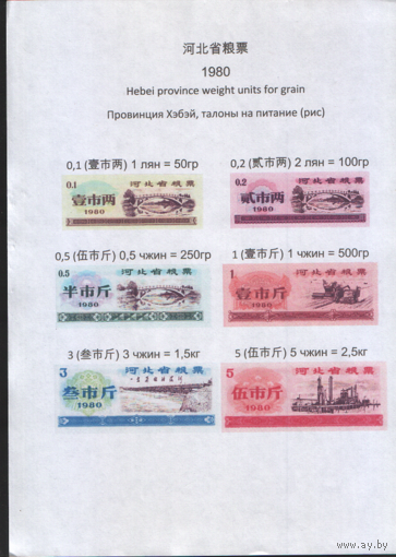 Китай 1980 год Хэбэй пров. прод.талон (продовольствие) серия 6шт (rd03 =