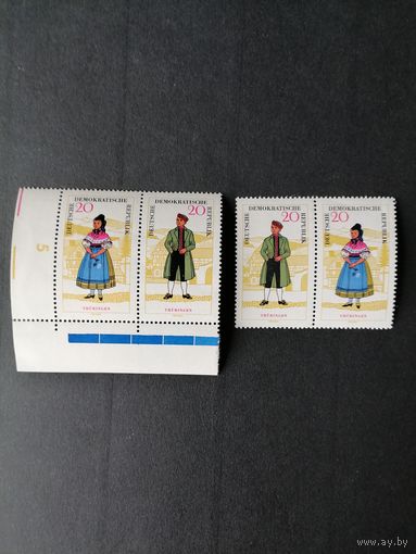 ГДР 1964 Две горизонтальные сцепки каждая из двух марок серии "Национальный костюм" (чистые** угол края прикрепленного листа имеет узкое место, но марки не затрагивает) Mi.1078-1079 каталог 10.00 евро