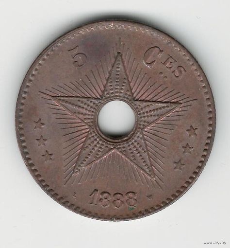 Бельгийское Конго 5 сантимов 1888 года. Редкая! Состояние aUNC!