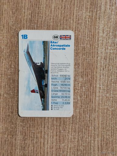 Карточка коллекционная со спецификациями сверхзвукового пассажирского самолета 70-х или 80-х годов