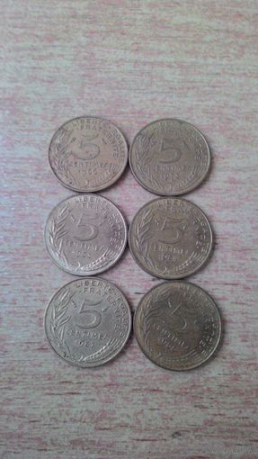 Франция, сборный лот 5 сантимов 1966, 1973, 1983, 1984, 1987, 1988 годов.