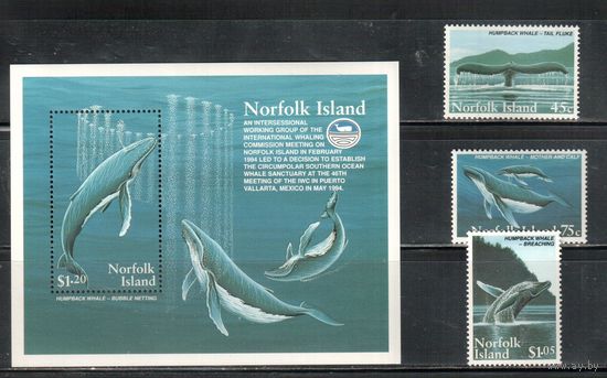 Норфолк-1995,(Мих.581-583, Бл.15) ** , Морская фауна, Киты(полная серия)